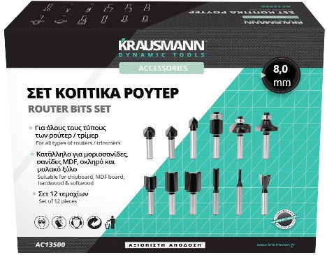 Krausmann Set of Router Bits 8mm Cutter Set for Wood 8mm 12pcs