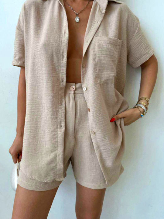 Γυναικείο Σετ με Τζιν Ψηλόμεσο Σορτς Beige