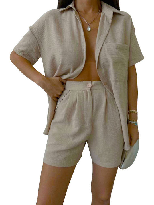 Γυναικείο Σετ με Τζιν Ψηλόμεσο Σορτς Beige