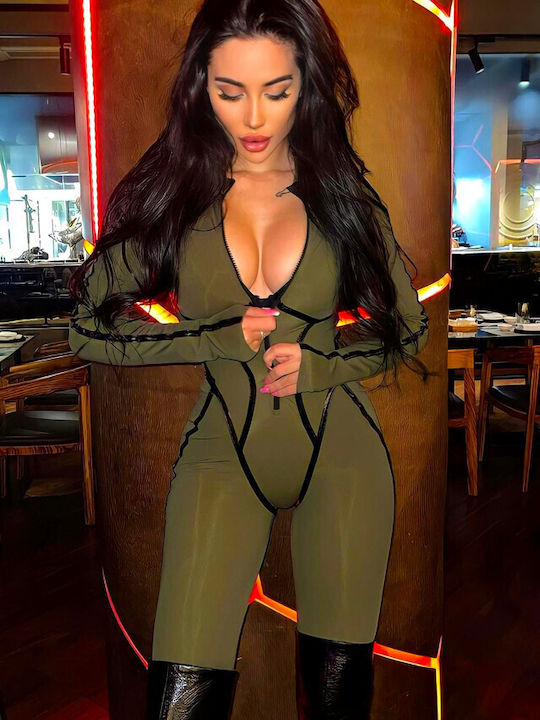 Women's Leather Long Sleeve One-piece Jumpsuit Khaki