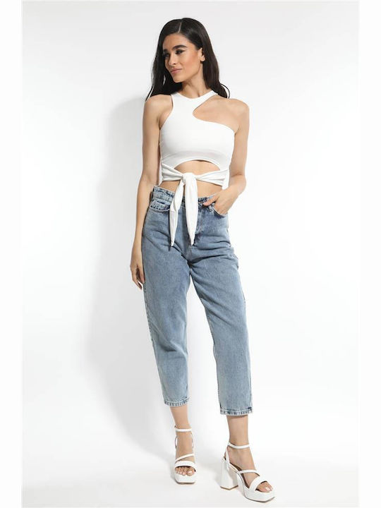 Γυναικείο Crop Top Αμάνικο με Δέσιμο στο Λαιμό Εκρού