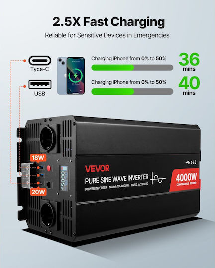 Vevor Inverter Αυτοκινήτου Καθαρού Ημιτόνου 4000W για Μετατροπή 12V DC σε 230V AC