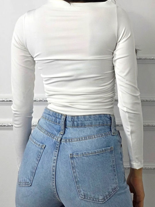 Bluza Damă Crop Top Satin Mânecă Lungă Alb
