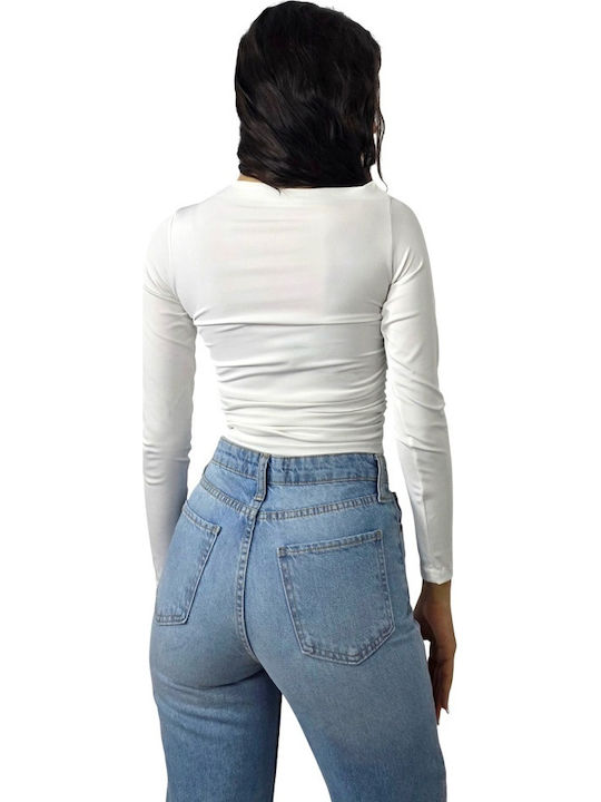 Bluza Damă Crop Top Satin Mânecă Lungă Alb