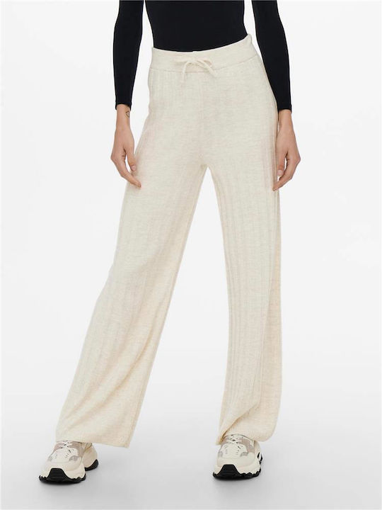 Tessa Γυναικεία Ψηλόμεση Παντελόνα με Λάστιχο Ριγέ Εκρού