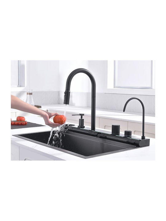 Inter Ceramic Drop-In Kitchen Sink Inox with Faucet M76xP46.5cm Black