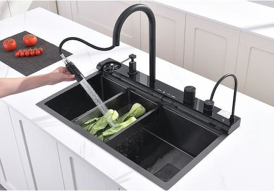 Inter Ceramic Aquaris Bg8276 Drop-In Küchenspüle Inox mit Wasserhahn M76xP46,5cm Schwarze
