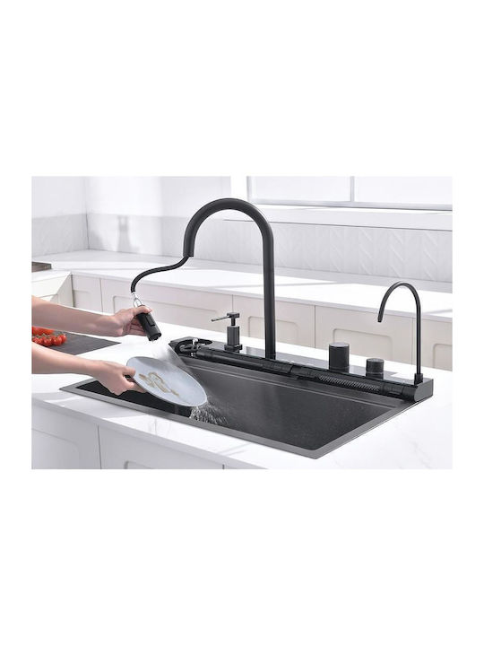 Inter Ceramic Drop-In Kitchen Sink Inox with Faucet M76xP46.5cm Black