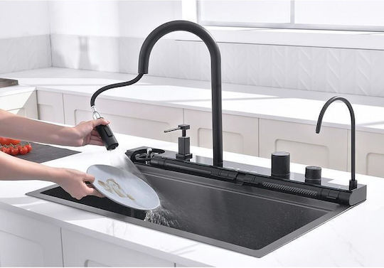 Inter Ceramic Aquaris Bg8276 Drop-In Küchenspüle Inox mit Wasserhahn M76xP46,5cm Schwarze