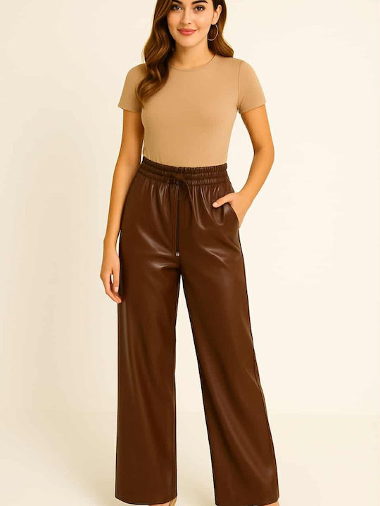 Plus Size Women's High-waisted Fabric Trousers with Elastic Brown
