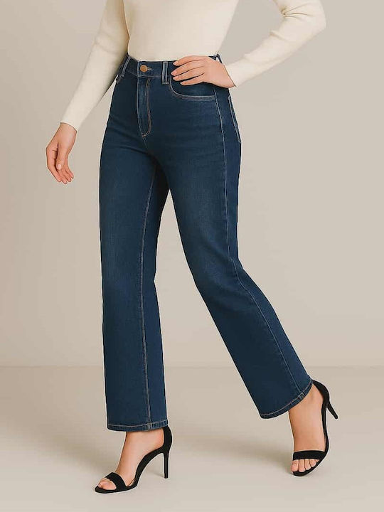 High Waist Women's Jean Trousers Push Up in Straight Line Dark-colored