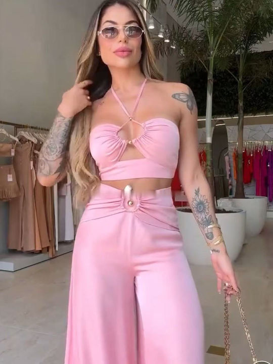 Γυναικείο Pink Σετ με Ψηλόμεσο Παντελόνι με Λάστιχο