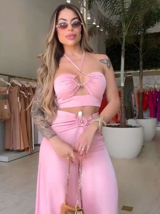 Γυναικείο Pink Σετ με Ψηλόμεσο Παντελόνι με Λάστιχο