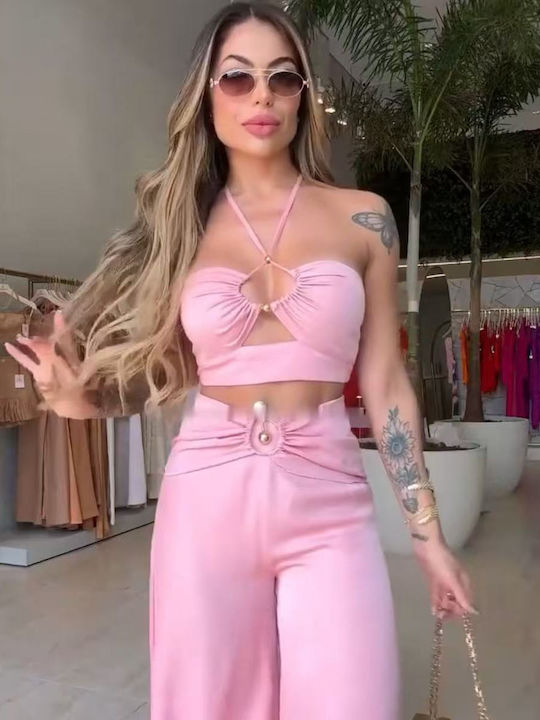 Γυναικείο Pink Σετ με Ψηλόμεσο Παντελόνι με Λάστιχο