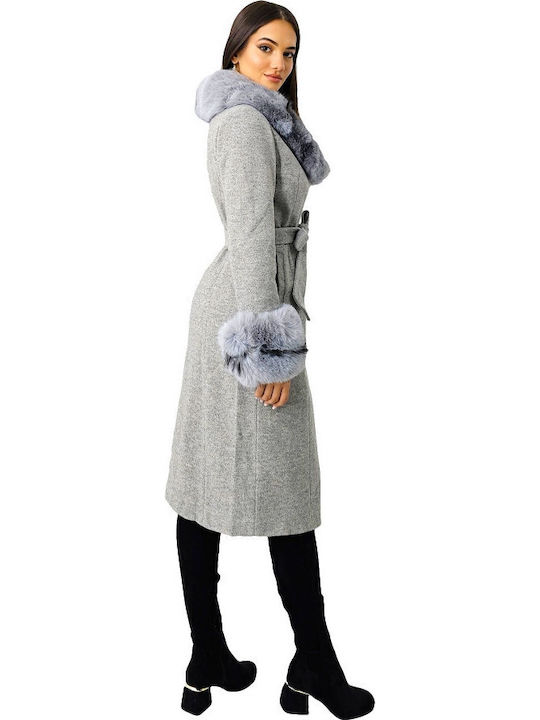 Damen Gray Mantel mit Fellbesatz