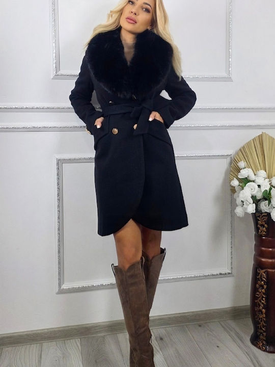 Wolle Damen Black Mantel mit Fellbesatz