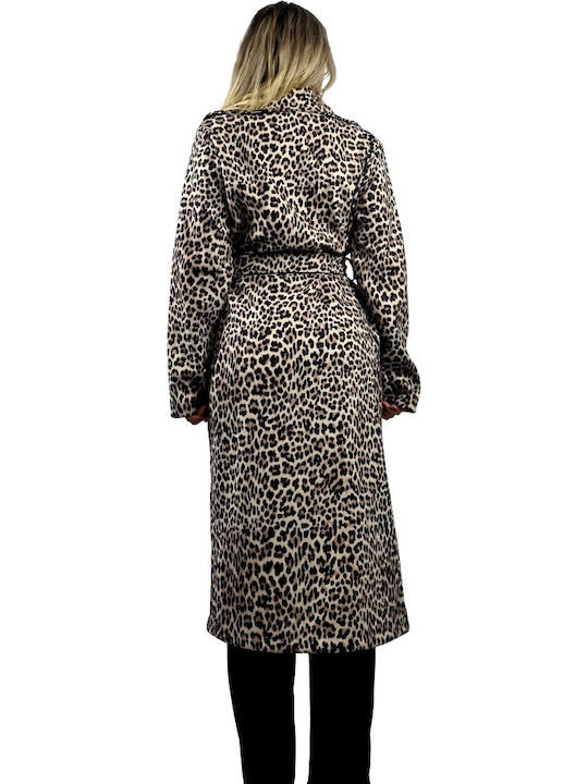 Кожа Дамско Леопард Cream Leopard Палто с кожени детайли