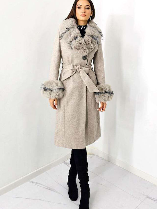 Wool Women's Cream Coat with Fur Details