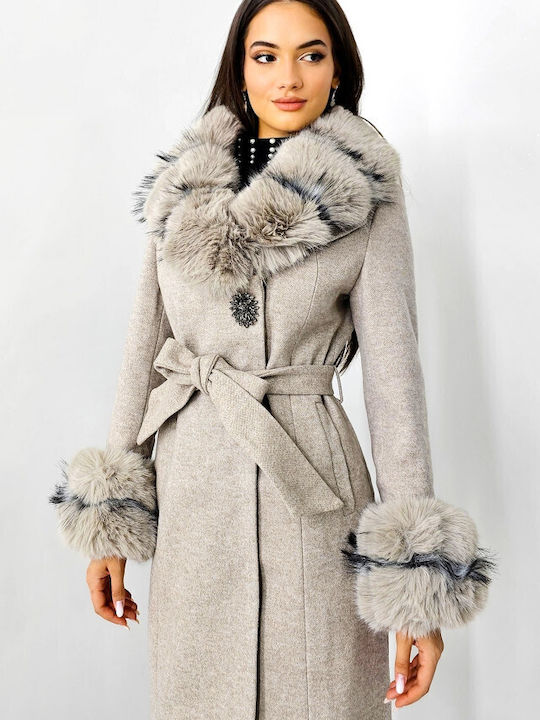 Wool Women's Cream Coat with Fur Details