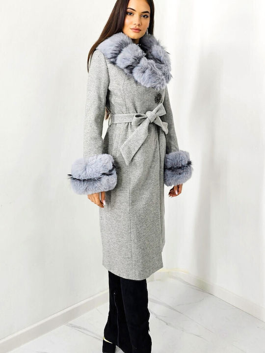 Damen Gray Mantel mit Fellbesatz