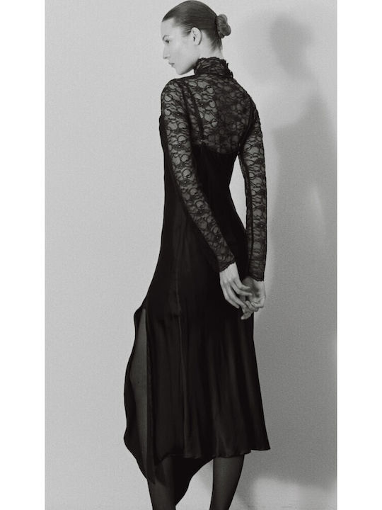 Maxi Evening Satin Dress with Lace and Tearing Black