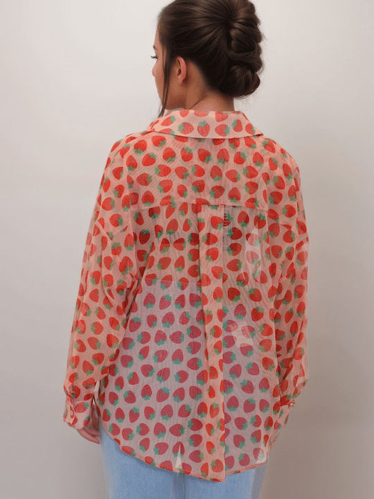 Langärmelig Damen Hemd Beige Druck
