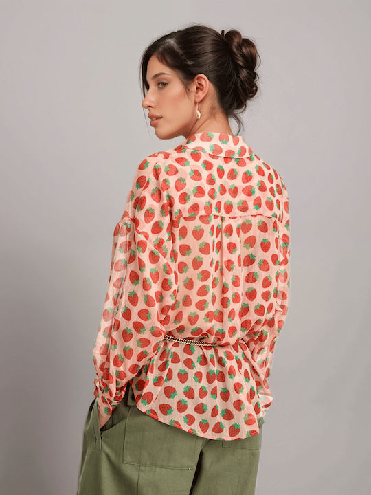 Langärmelig Damen Hemd Beige Druck
