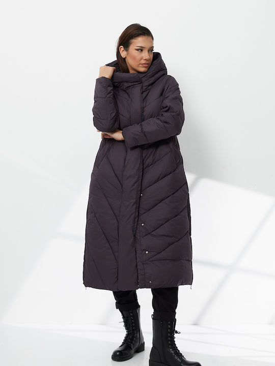 Women's Long Puffer Jacket for Winter with Hood Purple