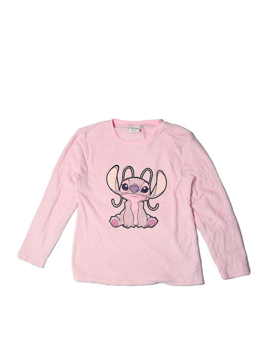 Disney Χειμερινό Γυναικείο Σετ Πιτζάμας Ροζ Lilo & Stitch Angel