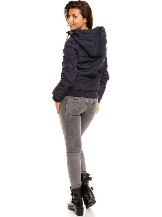 Damen Puffer Jacke mit pelziger Kapuze für Winter Blue
