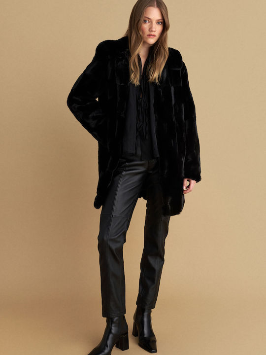 Women's Black Coat with Fur Details