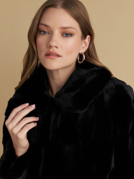 Women's Black Coat with Fur Details