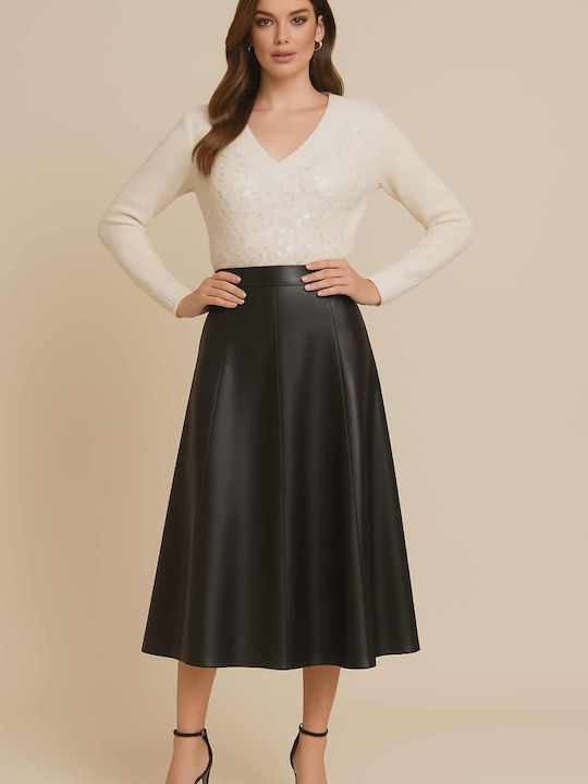 Leder Hoch tailliert Midi Rock Black