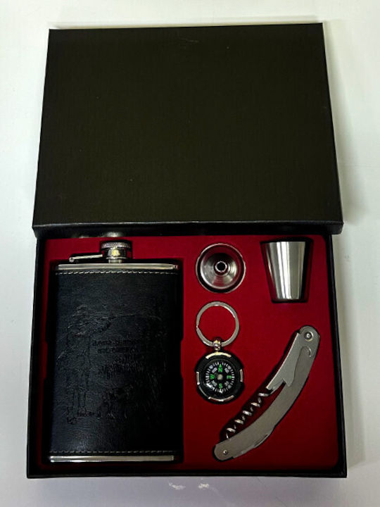 Vlv Men's Gift Set 5 Pieces Flask Compass Keychain Glass Funnel Corkscrew Black