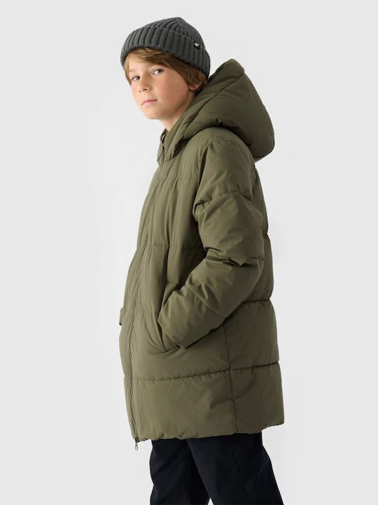 Waterproof Kids' Quilted Jacket with Lining & Hood Khaki