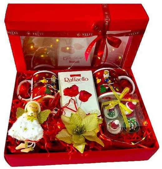 Pachet De Familie De Crăciun Lumânări Decorative Festive Două Căni Cu Design De Crăciun Praline Raffaello Ornament Înger Accesorii Decorative Pentru Brad În Cutie 35x25x8cm