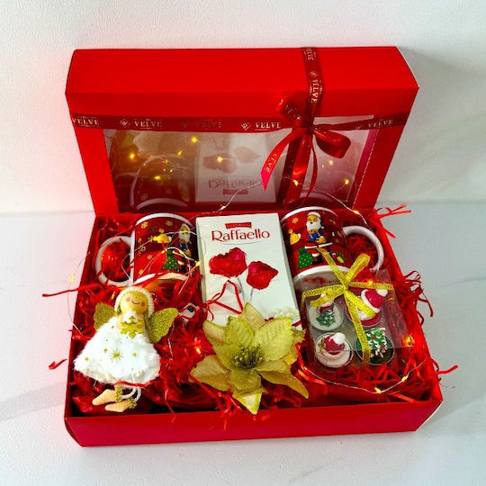 Pachet De Familie De Crăciun Lumânări Decorative Festive Două Căni Cu Design De Crăciun Praline Raffaello Ornament Înger Accesorii Decorative Pentru Brad În Cutie 35x25x8cm