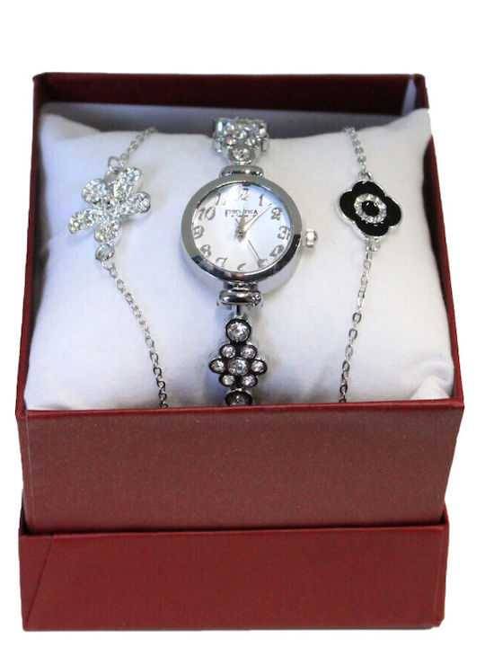 Set Ceas Dama 20mm Baterie Cu Brățară Argintie Din Oțel Inoxidabil