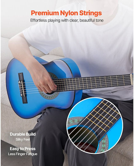 Vevor Classical Guitar 780 Mm Wooden Classical Guitar Starter Set Beginners Nylon Strings Carrying Case Strap Tuner Extra Strings Picks Capo Linden Wood Children Girls Boys Students Blue