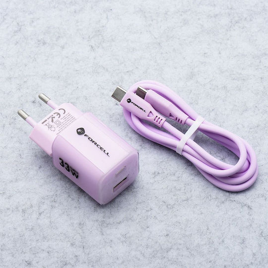 Forcell Încărcător GaN cu Port USB-A și Port USB-C și Cablu USB-C 33W Livrarea energiei / Quick Charge 4.0 Violet (F-Energy VT-41)