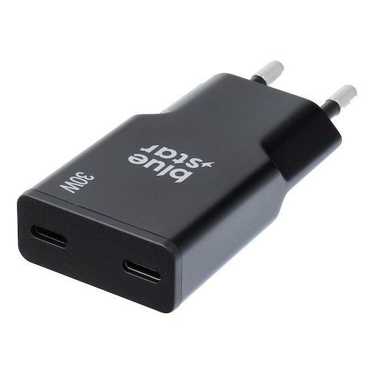 Blue Star Charger Without Cable GaN with 2 USB-C Ports 30W Power Delivery / Quick Charge 4.0 Blacks (TFK-SC-30WCC)