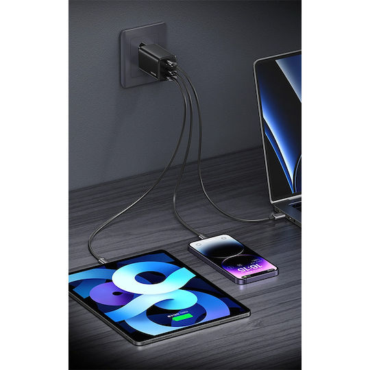Usams Ladegerät ohne Kabel GaN mit USB-A Anschluss und 2 USB-C Anschlüsse 67W Stromlieferung Weißs (CC265)