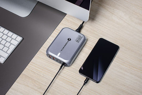 Forcell Φορτιστής Χωρίς Καλώδιο GaN με 2 Θύρες USB-A και 3 Θύρες USB-C 200W Power Delivery / Quick Charge 4.0 Γκρι (VT-51)