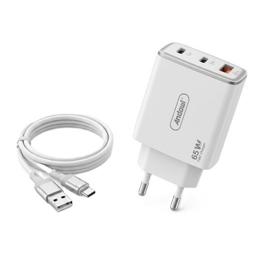 Andowl Φορτιστής με Θύρα USB-A και 2 Θύρες USB-C και Καλώδιο USB-C - USB-C 65W Power Delivery / Quick Charge 3.0 Λευκός (Q-CD50)