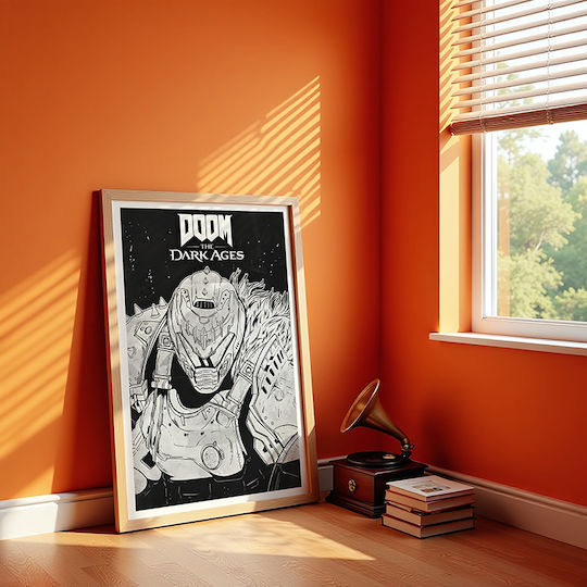 Poster De Gaming Doom Dark Ages Alb Negru Gm2384 21cm X 30cm Cadru Lemn Natural Închis Maro