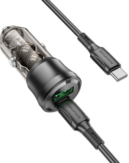 Borofone BZ25 Auto-Ladegerät 38W 3A Schnellladung mit Anschlüssen: 1xUSB 1xType-C mit Kabel Typ-C,TC-TC Schwarz Farbe