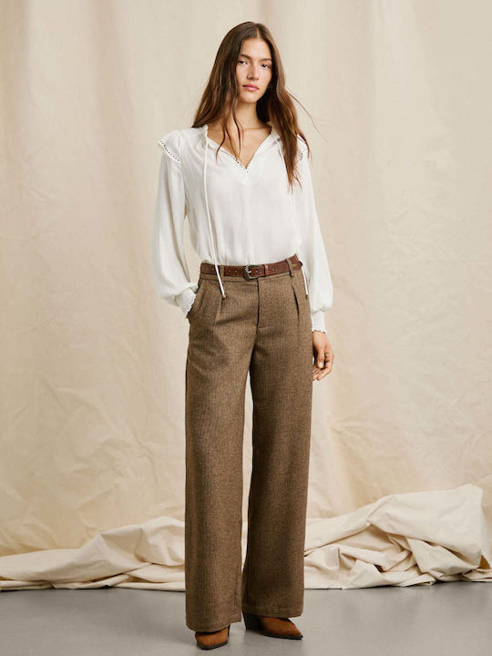 Women's Leather Trousers Checked Brown