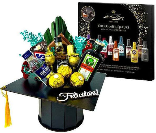 Cadou Bărbați Anthon Berg Praline 187g Cutie Mortar Neagră Selecție Dulciuri Set Mini Băuturi Frunză De Palmier Cu Vâsc