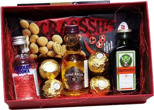 Happy Gift Package Elegant Red Box A Selection Miniature Alcoholic Beverages Pralines Spicy Nuts