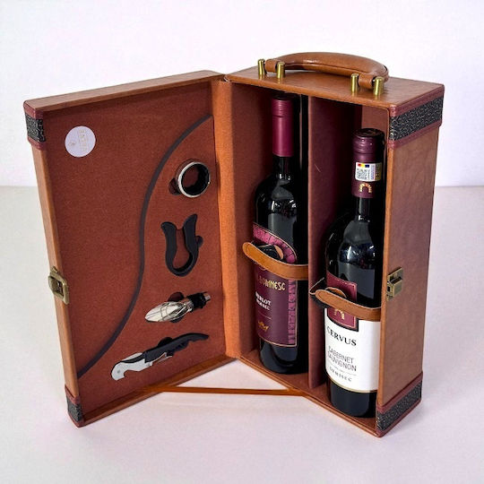 Elegant Fine Wine Case Set Two Bottles Handle Two 750 Ml Bottega Wine Bottles 4-piece Wine Accessory Set Brown
